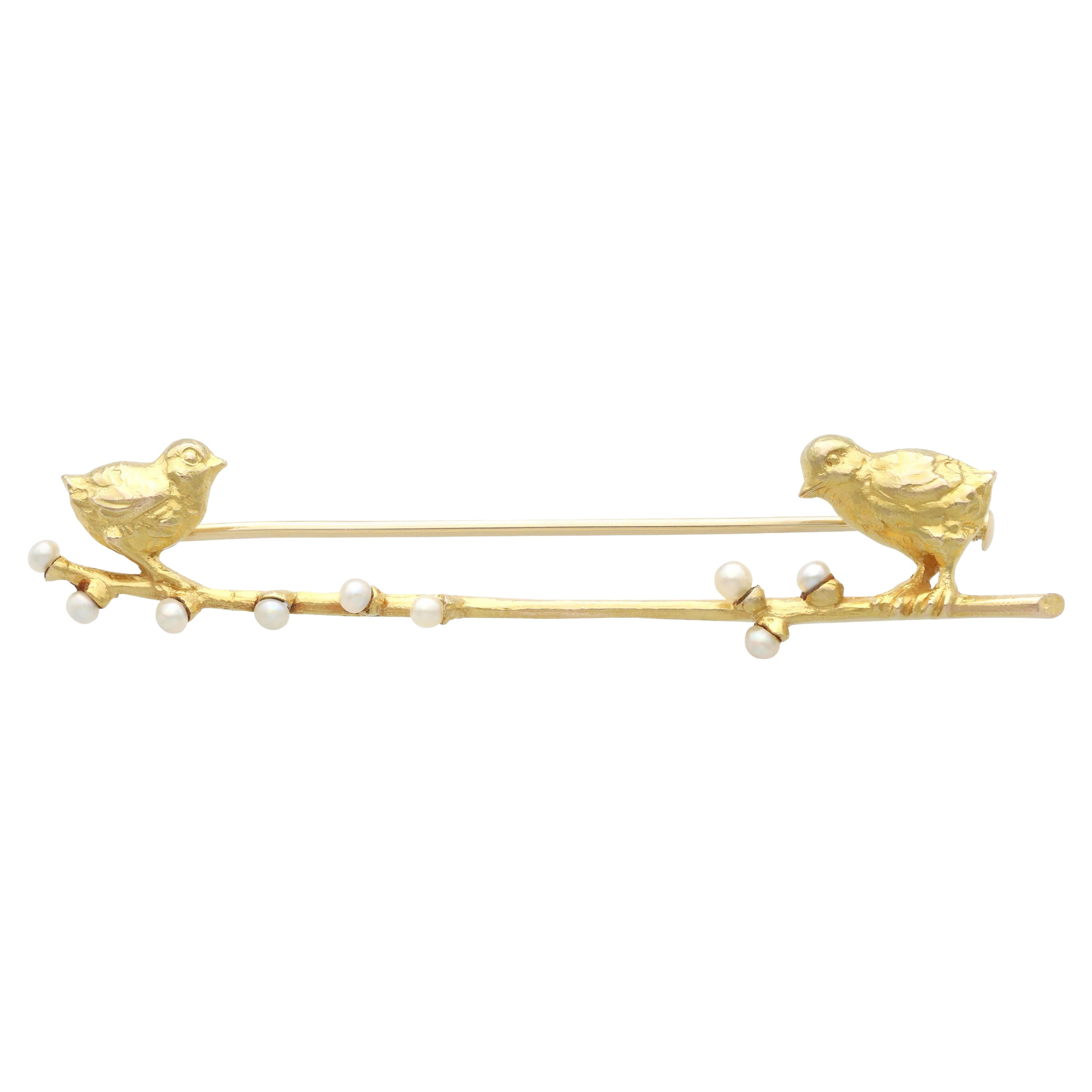 Antique Seed Pearl and Yellow Gold Bird Bar Brooch