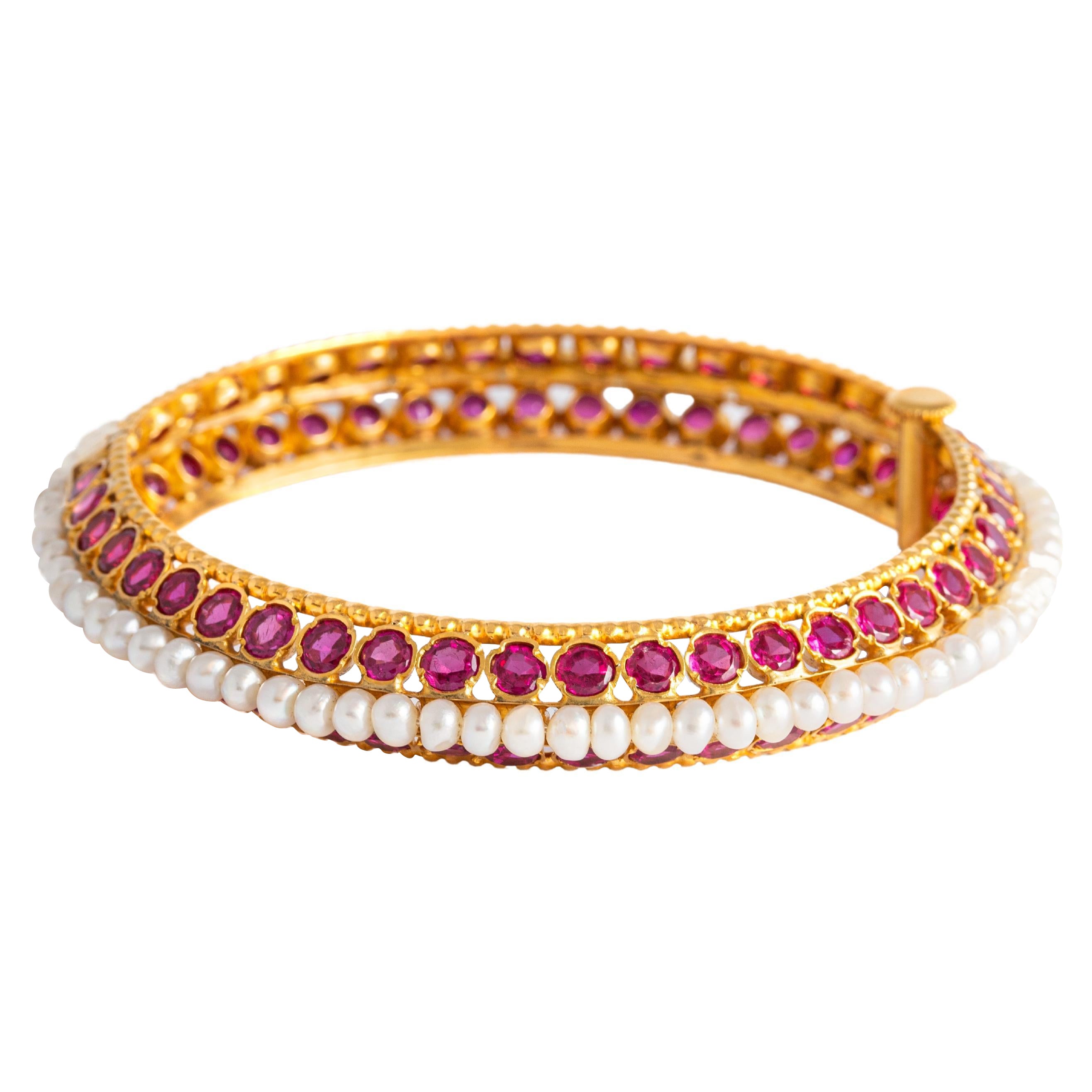 Ruby and Pearl Gold Bangle For Sale