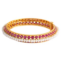 Retro Ruby and Pearl Gold Bangle