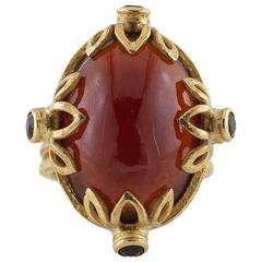 Large Crimson Garnet Forest Green Tourmaline Gold Floral Ring