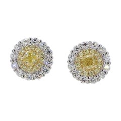 Natural Yellow Cushion and White Diamond 1.28 Carat TW Gold Stud Earrings
