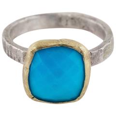 Oxidized Sterling Silver Large Cushion Turquoise Gold Ring