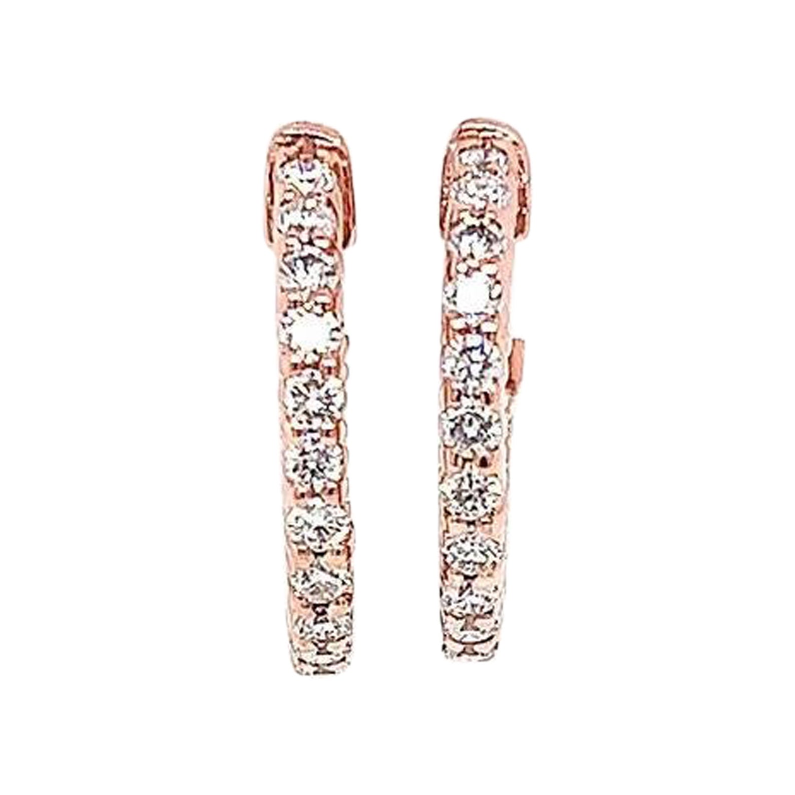 0.95 Carat Ladies Pave-Set Hoop Earrings in Rose Gold For Sale