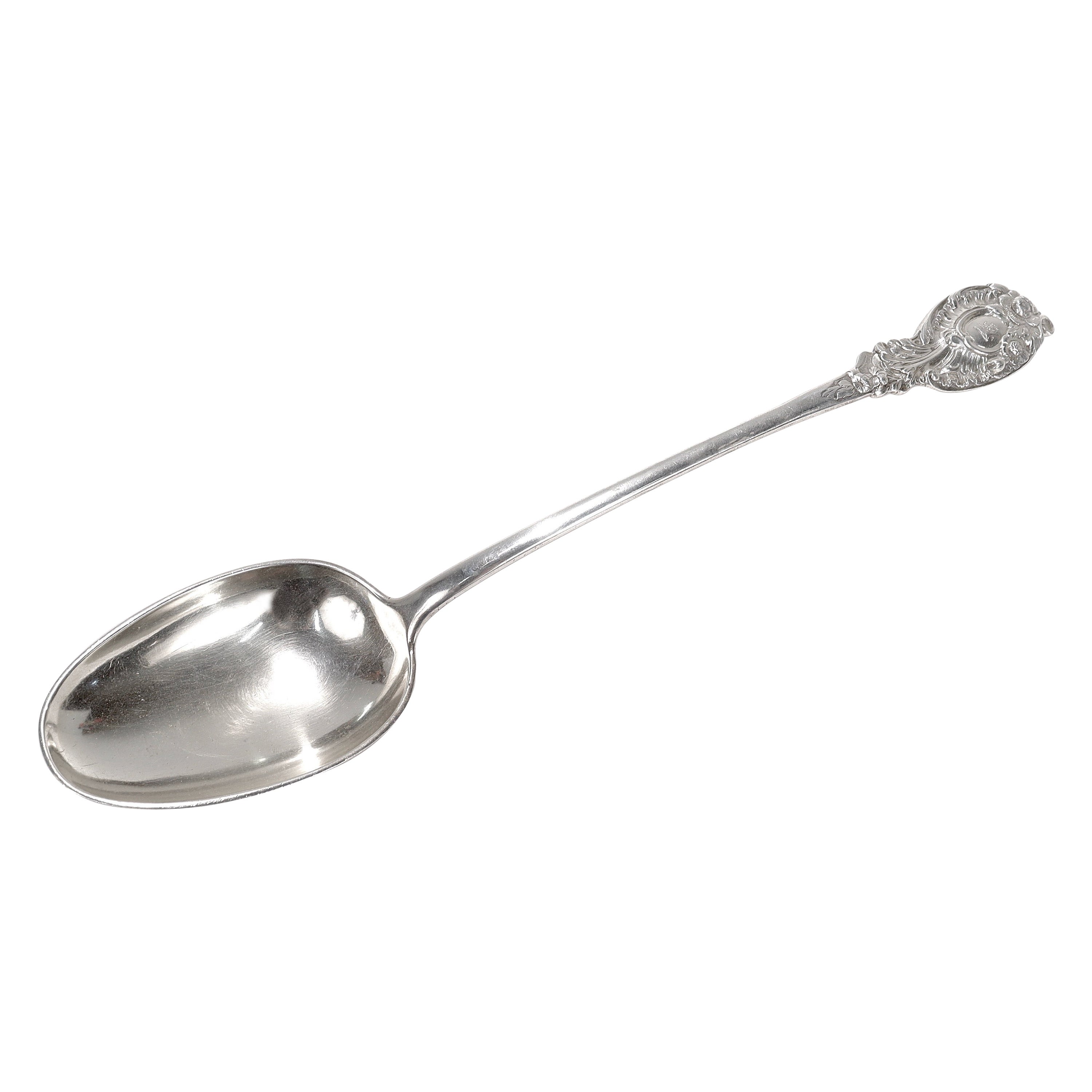 Large George III Robert Garrard I English Sterling Silver Crested Stuffing Spoon For Sale