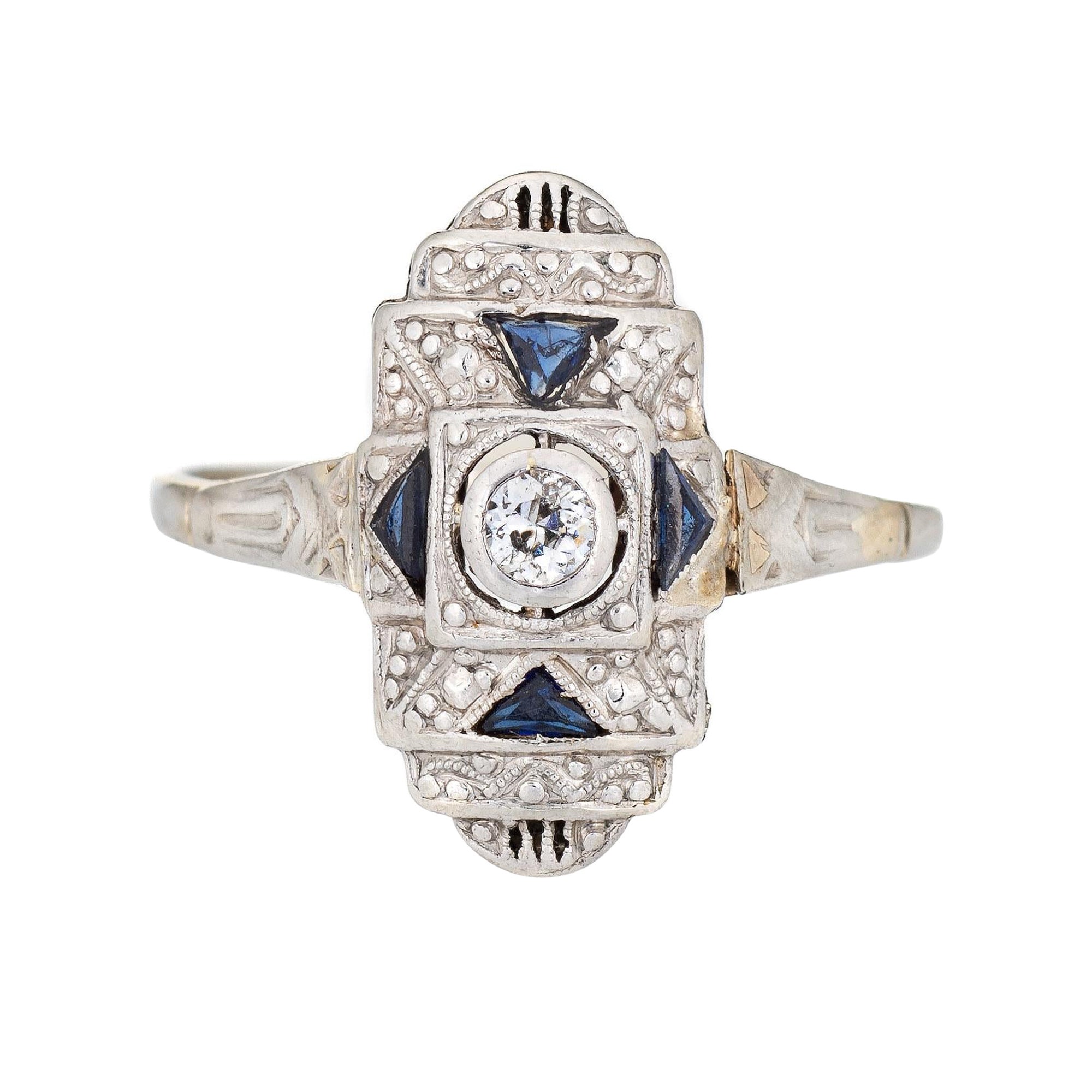 Vintage Art Deco Diamond Ring Lab Sapphire 18k Gold Platinum Band Jewelry 7.25