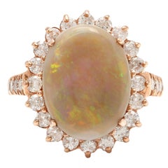 7.00 Carats Natural Australian Opal and Diamond 14K Solid Rose Gold Ring