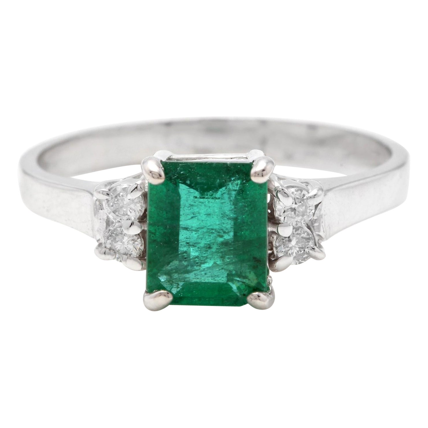 1.62 Carats Natural Emerald and Diamond 14K Solid White Gold Ring For Sale