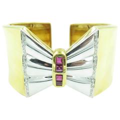 1980s Ruby Diamond Gold Cuff Bracelet