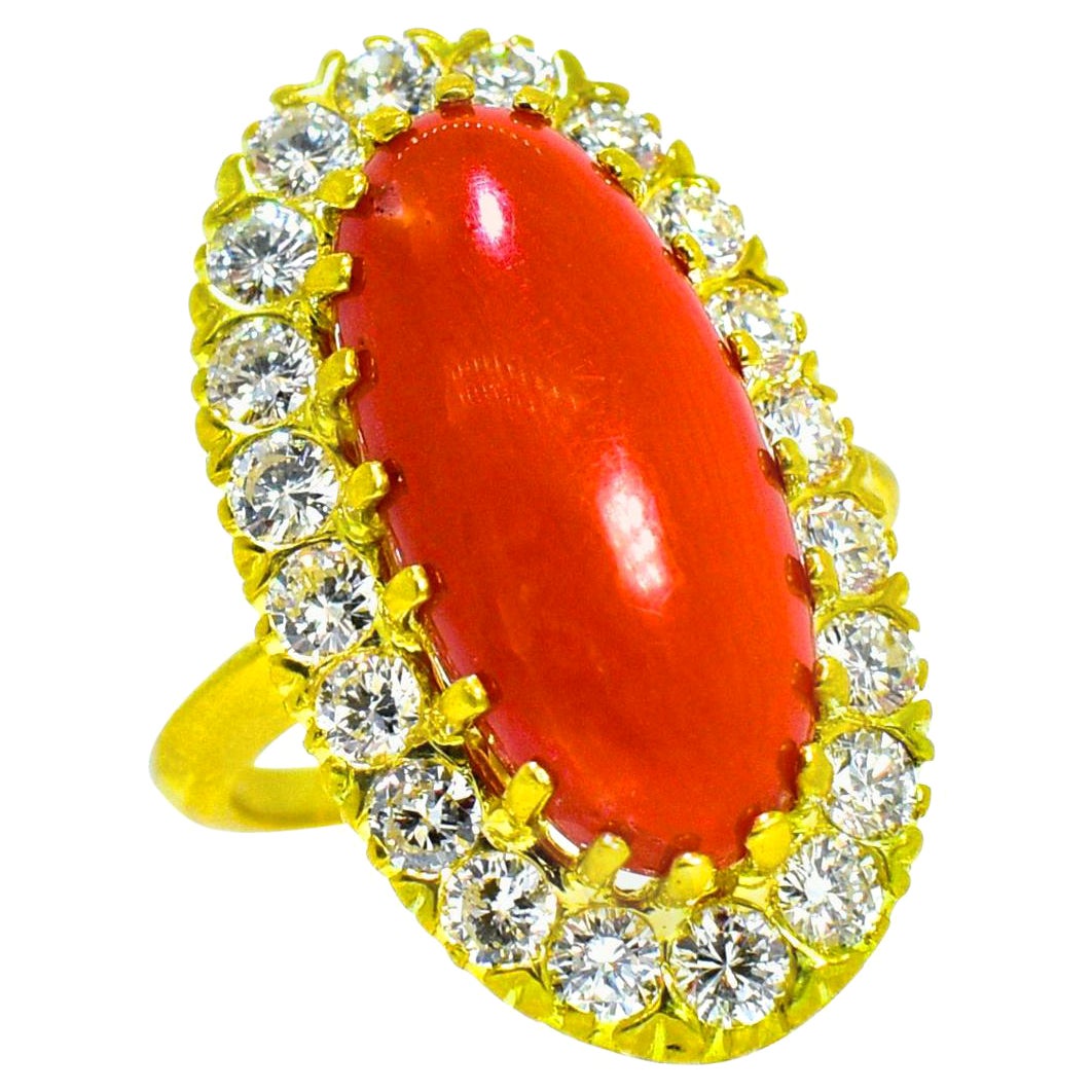 Red Coral and Diamond Ring, circa 1965 For Sale