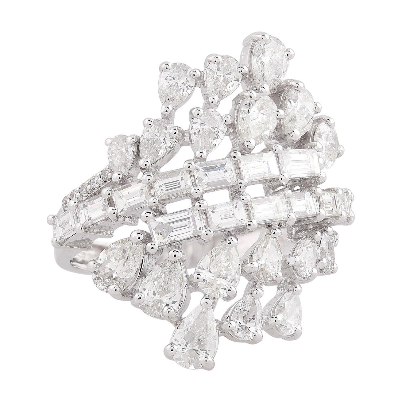 2.72 Carat Baguette Pear Diamond Wrap Ring 18 Karat White Gold Handmade Jewelry For Sale