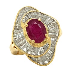 18k Yellow Gold Oval Red Ruby W/ A Halo Of Baguette Cut Diamonds Ballerina Ring