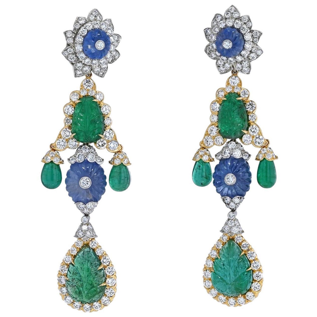 David Webb Girandole Carved Emerald and Diamond Dangle Earrings For Sale