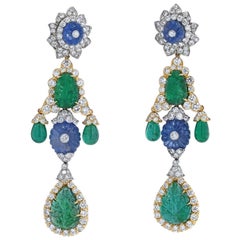 Vintage David Webb Girandole Carved Emerald and Diamond Dangle Earrings