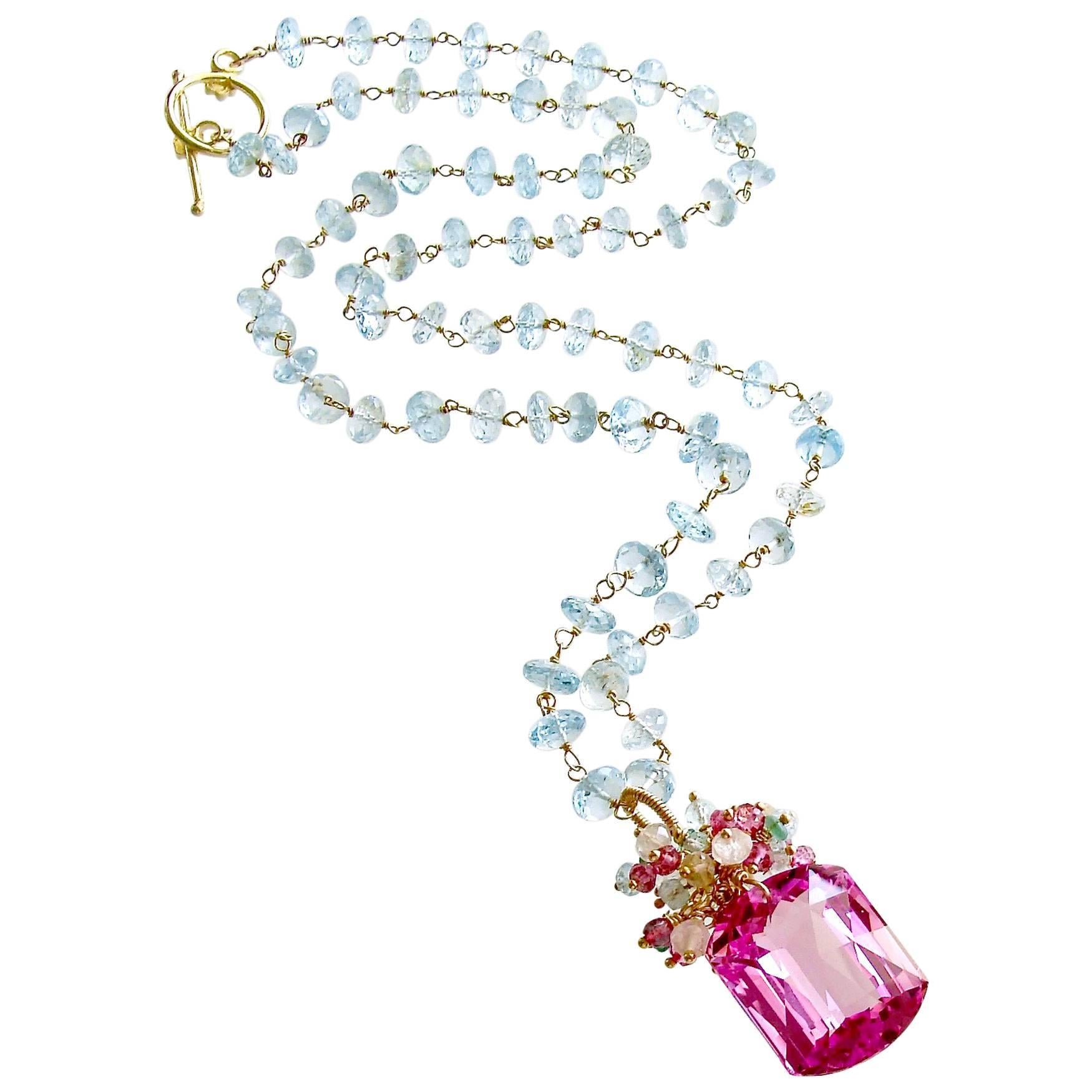 Blue and Pink Topaz Emerald Citrine Sterling Silver Vermeil Cluster Necklace