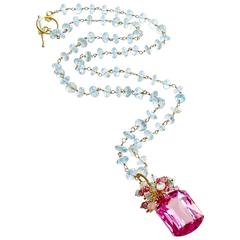 Blue and Pink Topaz Emerald Citrine Sterling Silver Vermeil Cluster Necklace Blue and Pink Topaz Emerald Citrine Sterling Silver Vermeil Cluster Necklace