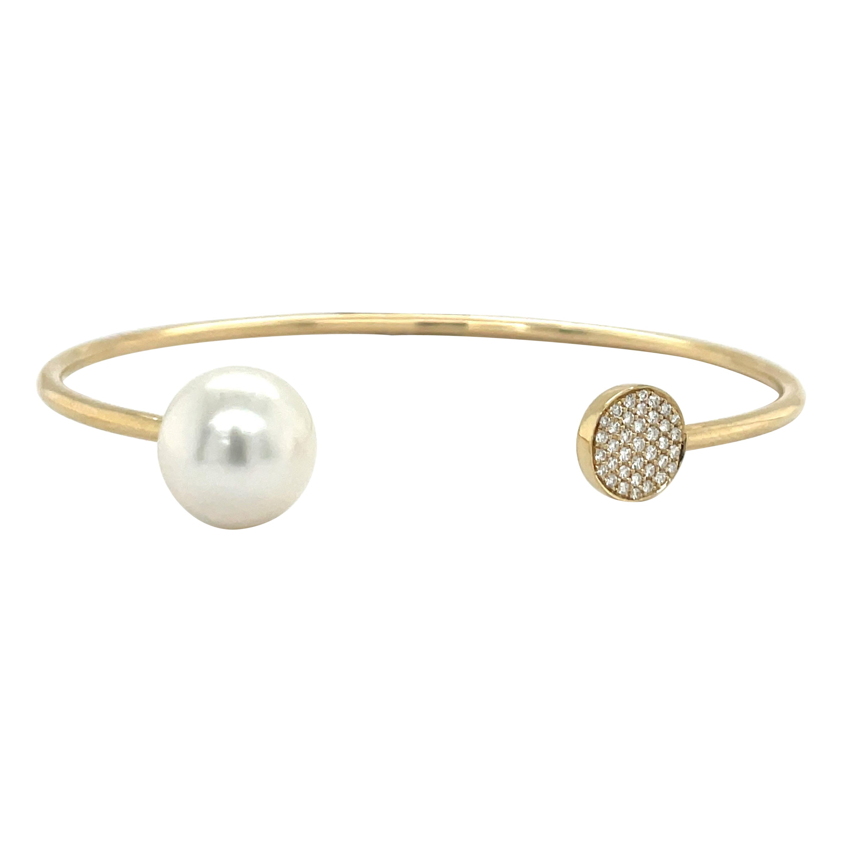 14 Karat Yellow Gold Diamond South Sea Pearl Open Bangle 0.13 Carats 11-12 MM In New Condition For Sale In New York, NY