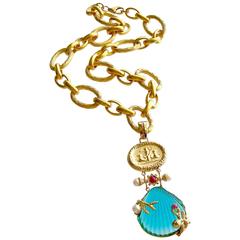 Intaglio Teal Venetian Glass Shell Rubies Pearls Pendant  Necklace