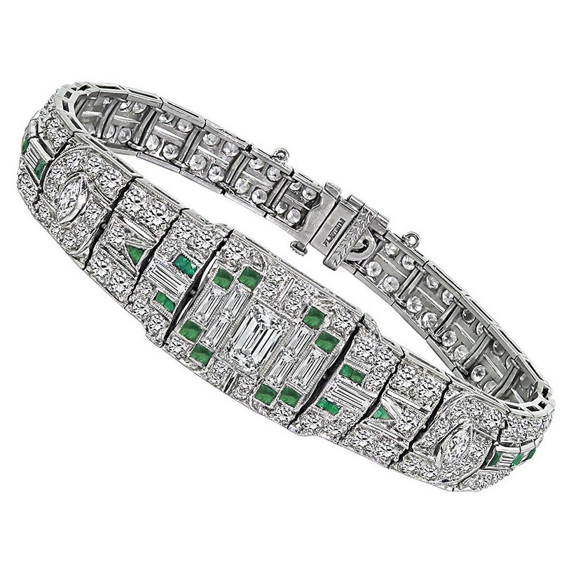 Art Deco 6.80ct Diamond Emerald Bracelet For Sale