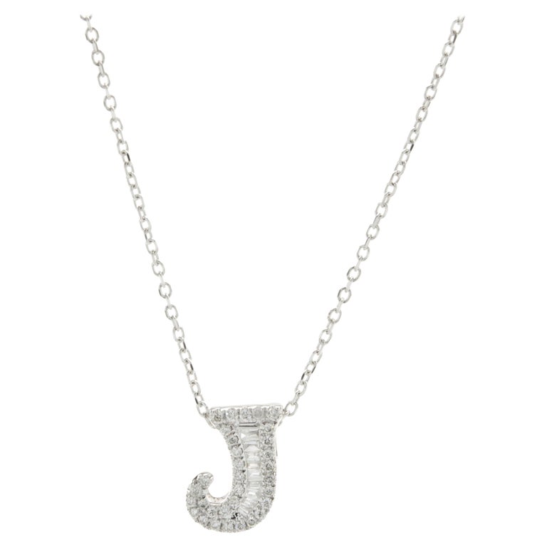 14 Karat White Gold Mosaic Diamond J Necklace at 1stDibs