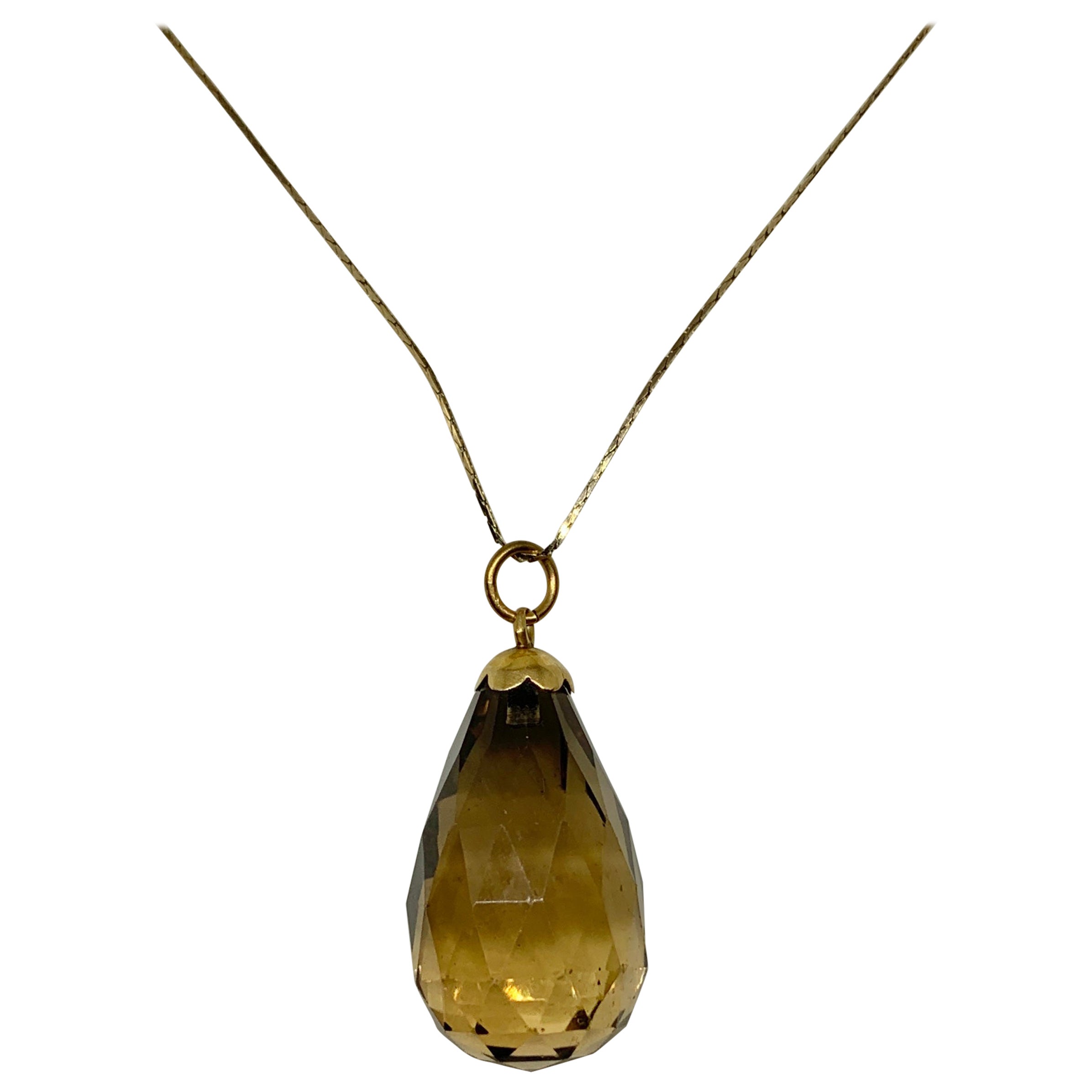 Smoky Quartz Pendant Necklace 14 Karat Yellow Gold Antique Faceted Briolette