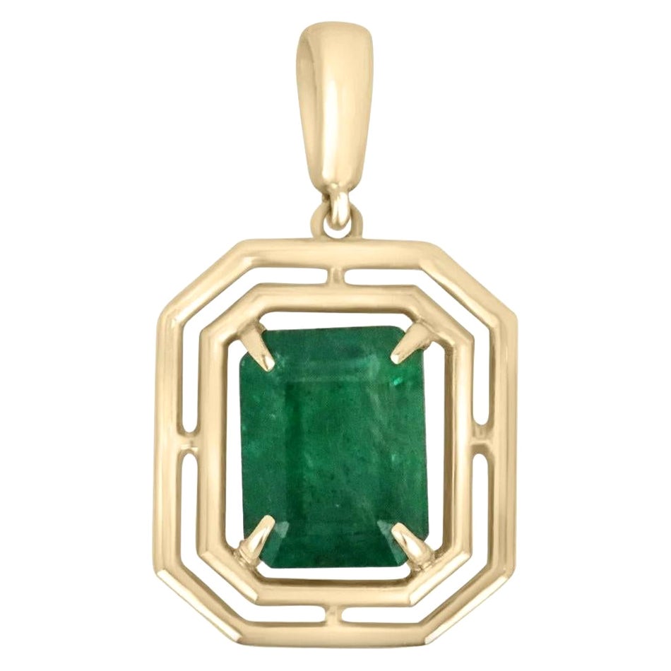 3.18ct 14K Natural Emerald-Emerald Cut Geometric Solitaire Solid Gold Pendant For Sale