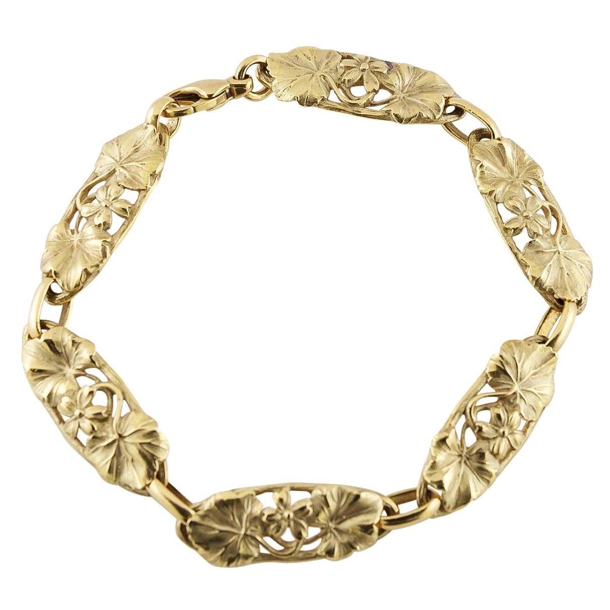 Arnould Art Nouveau 18K Gold Link Bracelet Re-Edition with Flowers and Vines For Sale