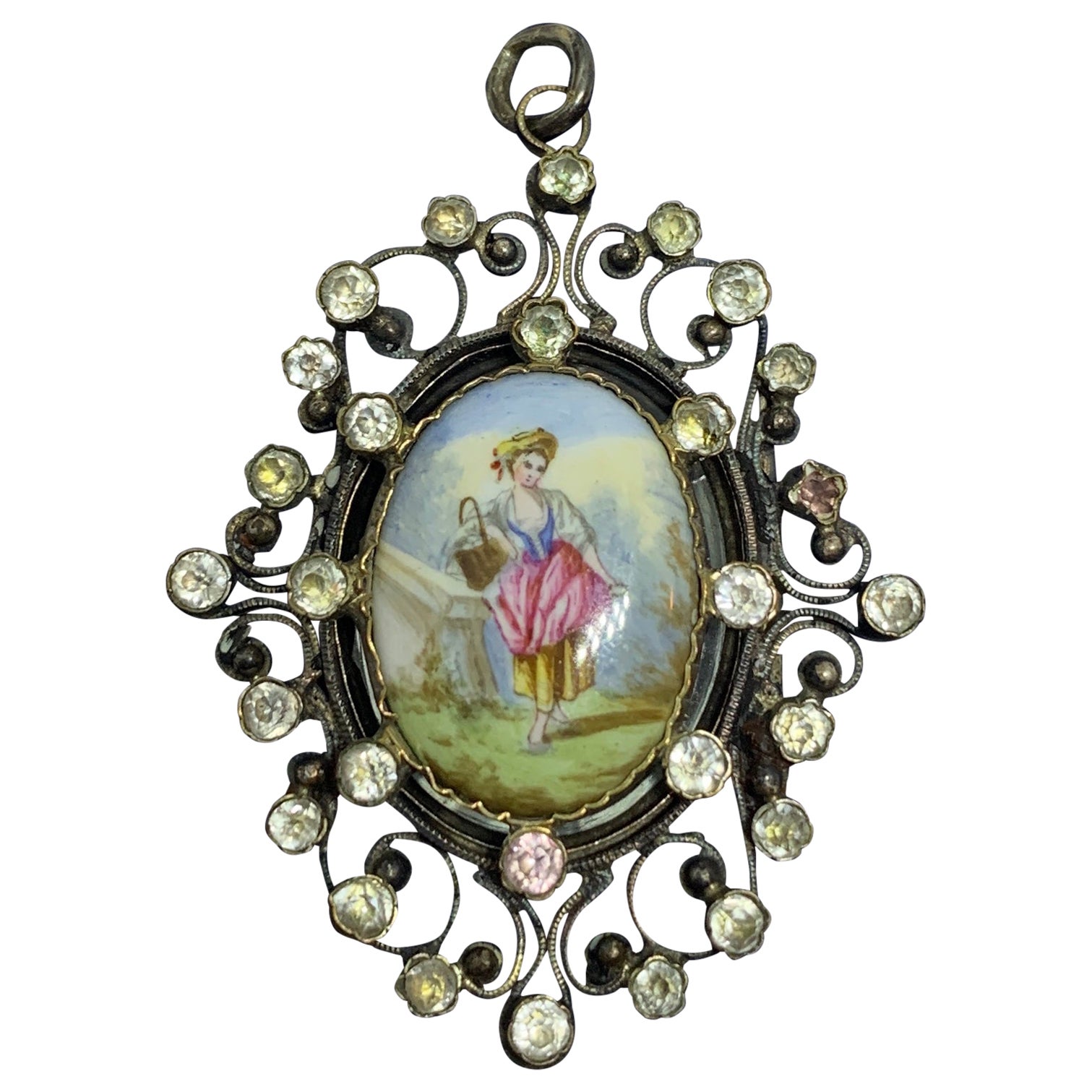 Enamel Locket Pendant 19th Century Silver Maiden Woman For Sale