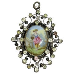 Enamel Locket Pendant 19th Century Silver Maiden Woman