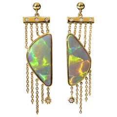 Australian 13.77ct Dark Opal, Diamond & 18K Gold Earrings