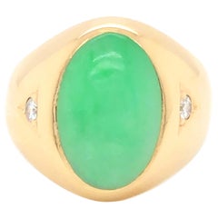 Oval Green Jade and 2 Diamond Ring, 14k Yellow Gold