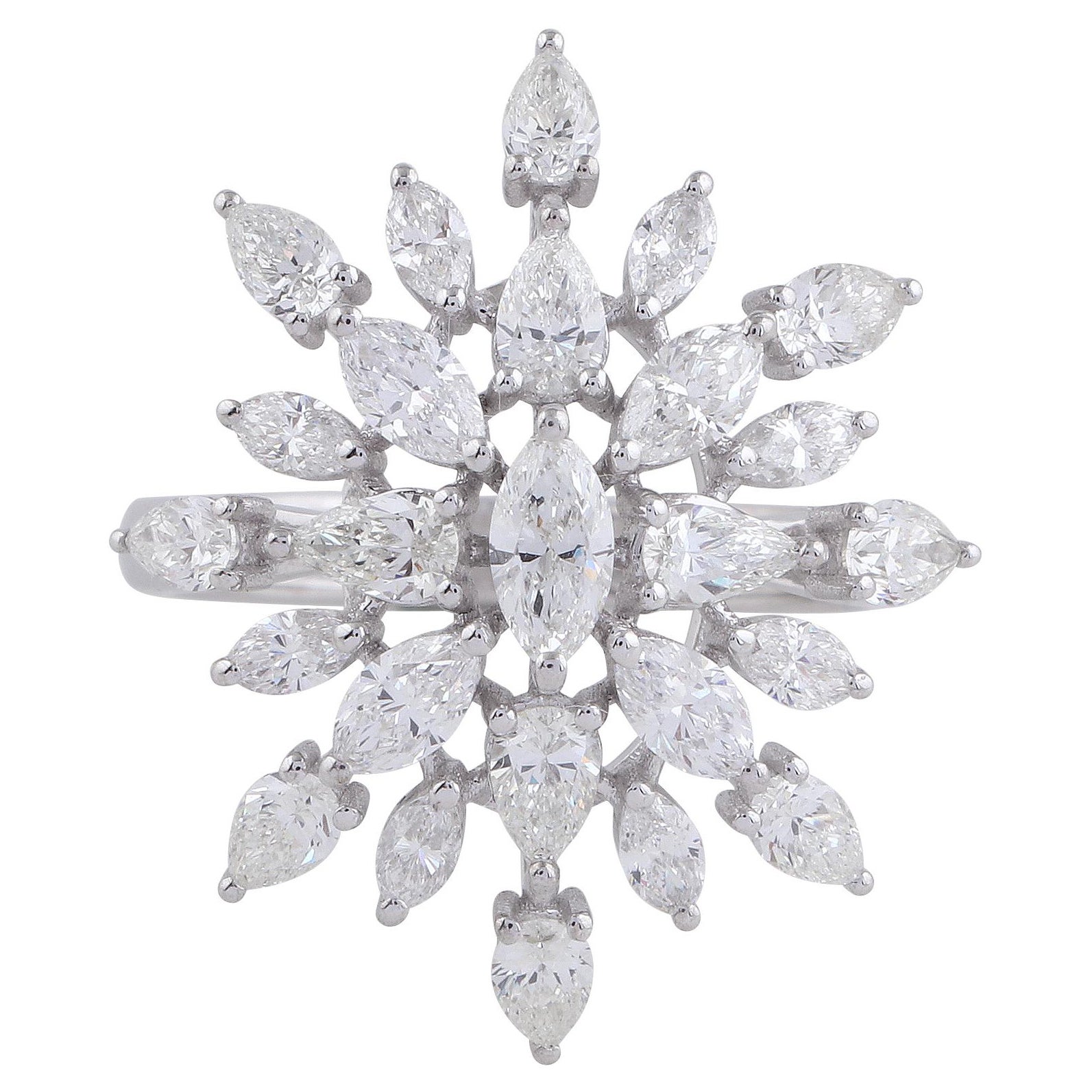 Pear & Marquise Shape Diamond Starburst Ring 18 Karat White Gold Fine Jewelry For Sale