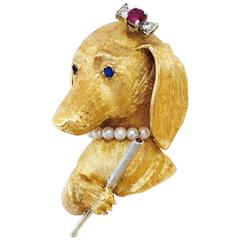 Charming Pearl Ruby Sapphire Diamond Gold Hound Dog Brooch