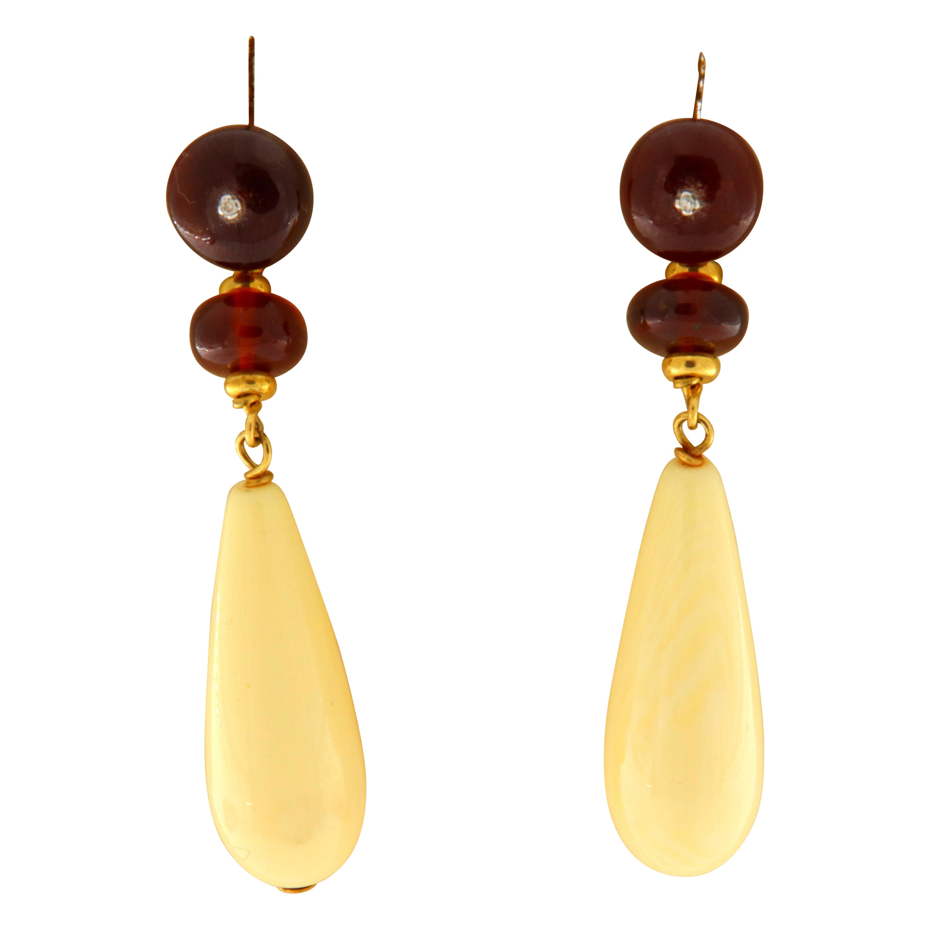 18 Kt Yellow Gold Earrings with Cabochon Garnet Stones, Fossil Ivory Drops For Sale