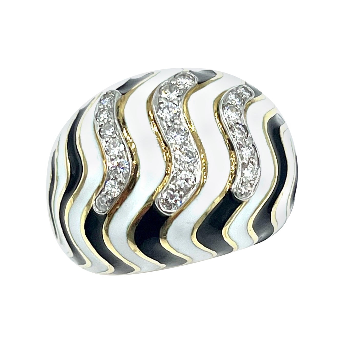 David Webb 0.50 Carat Round Brilliant Diamond and Striped Enamel Cocktail Ring For Sale