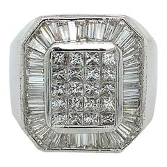 Men's 18k White Gold Princess Diamond Center W/ Halo of Baguette Diamonds Ring