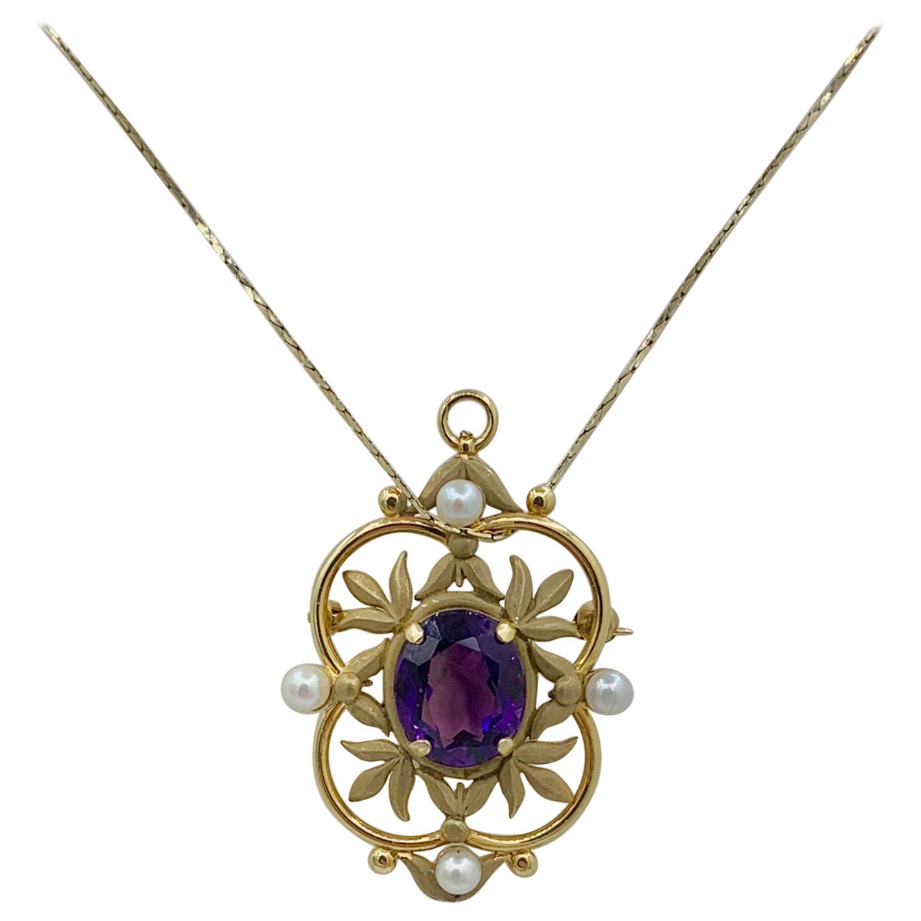 3.8 Carat Amethyst Pearl Lavalier Pendant Brooch Antique Victorian 14 Karat Gold For Sale