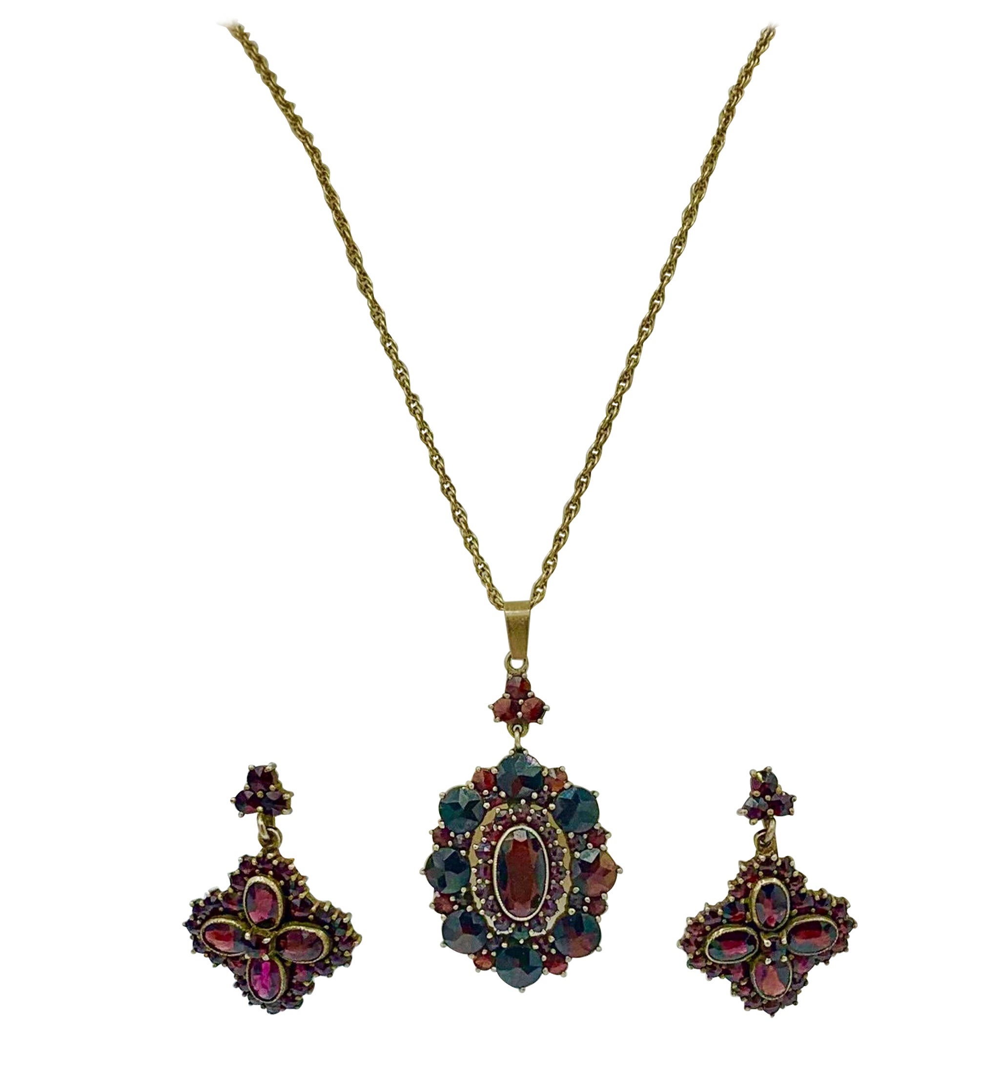 Bohemian Garnet Pendant Necklace Earrings Antique Victorian