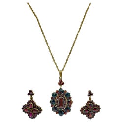 Bohemian Garnet Pendant Necklace Earrings Antique Victorian
