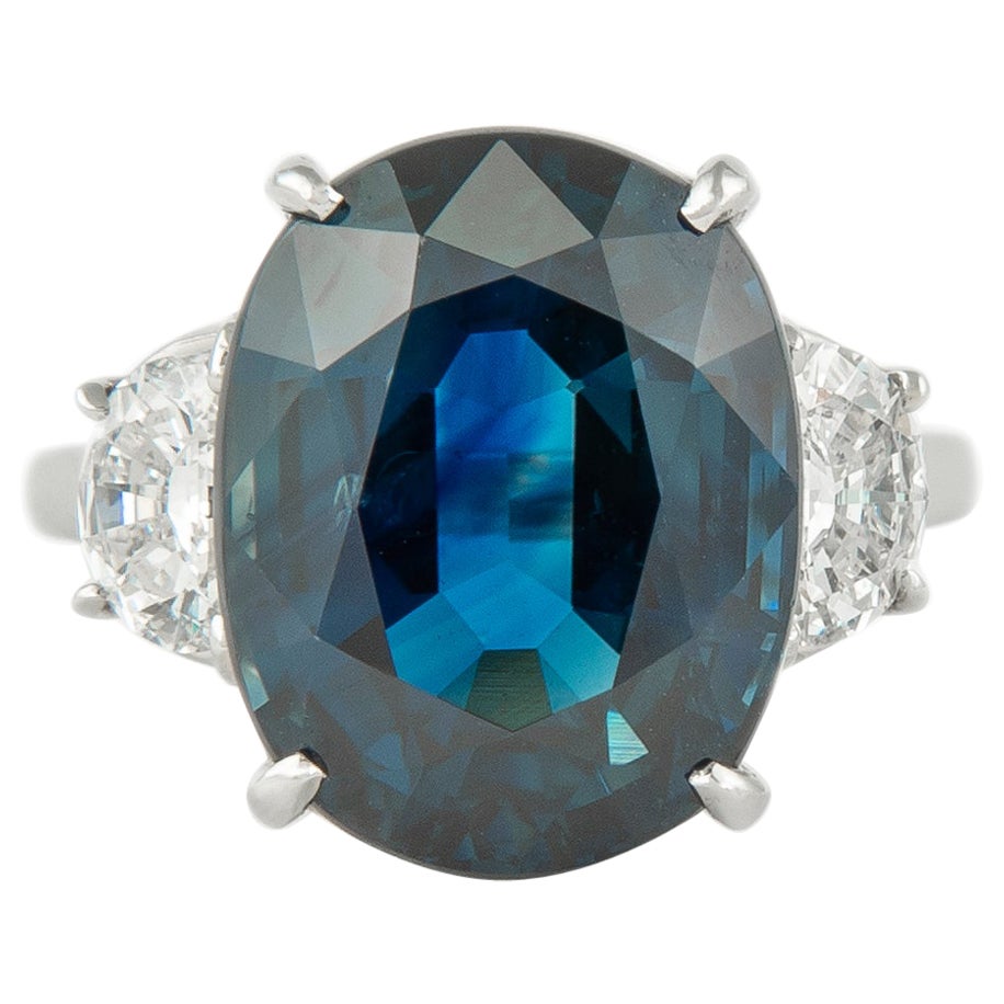 Alexander GIA 13.14ct Sapphire with Diamonds Three-Stone Ring Platinum For Sale