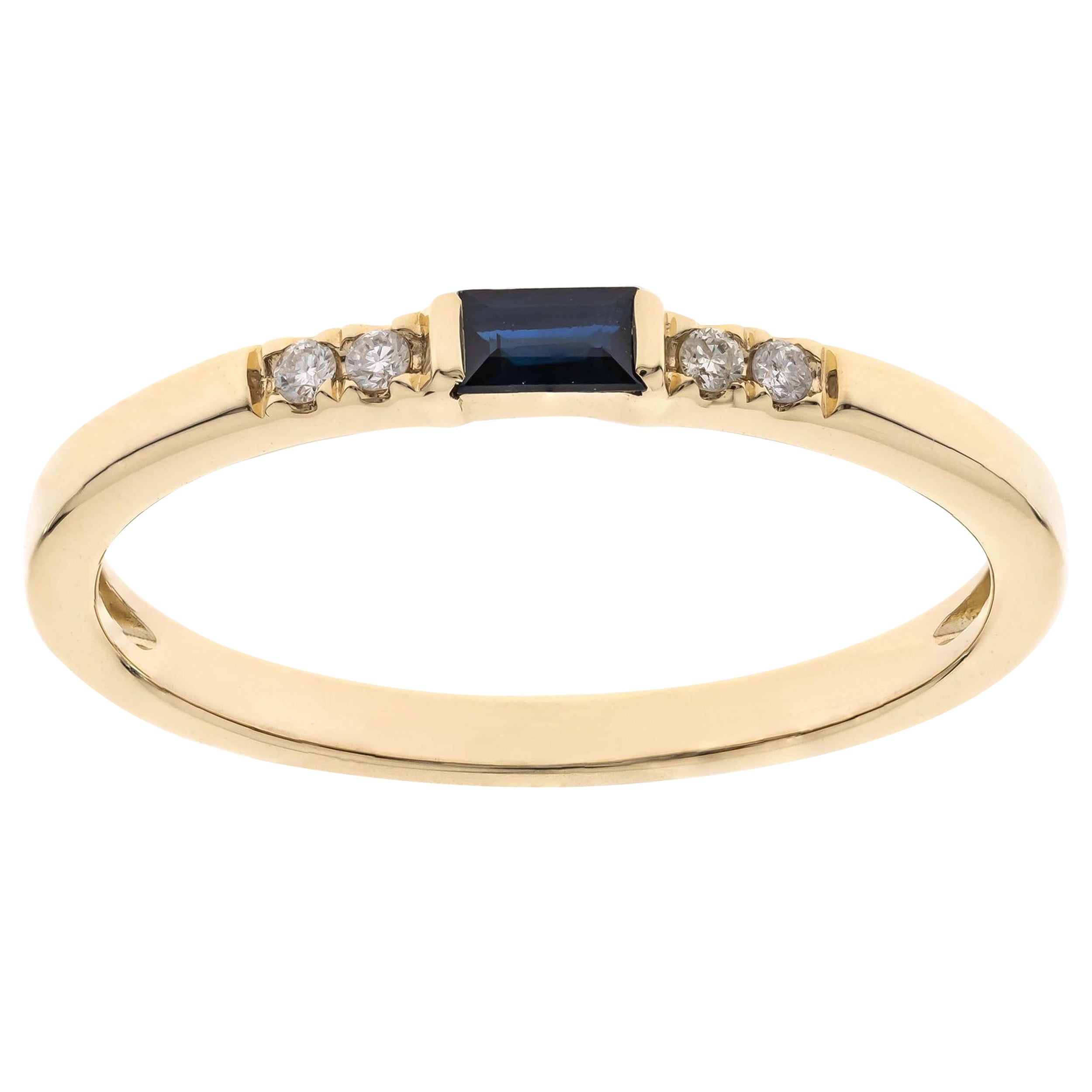 0.12 Carat Baguette-Cut Blue Sapphire Diamond Accents 14K Yellow Gold Ring For Sale