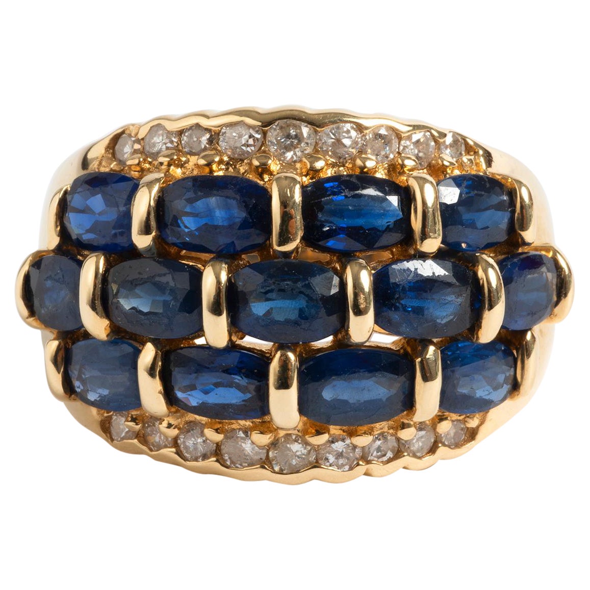 Glamorous 14 Carat Yellow Gold Diamond and Sapphire Dress Ring For Sale