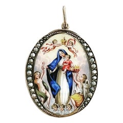 1930s Hand painted Enamel Seed Pearl 18k Yellow Gold Virgin Medal Pendant