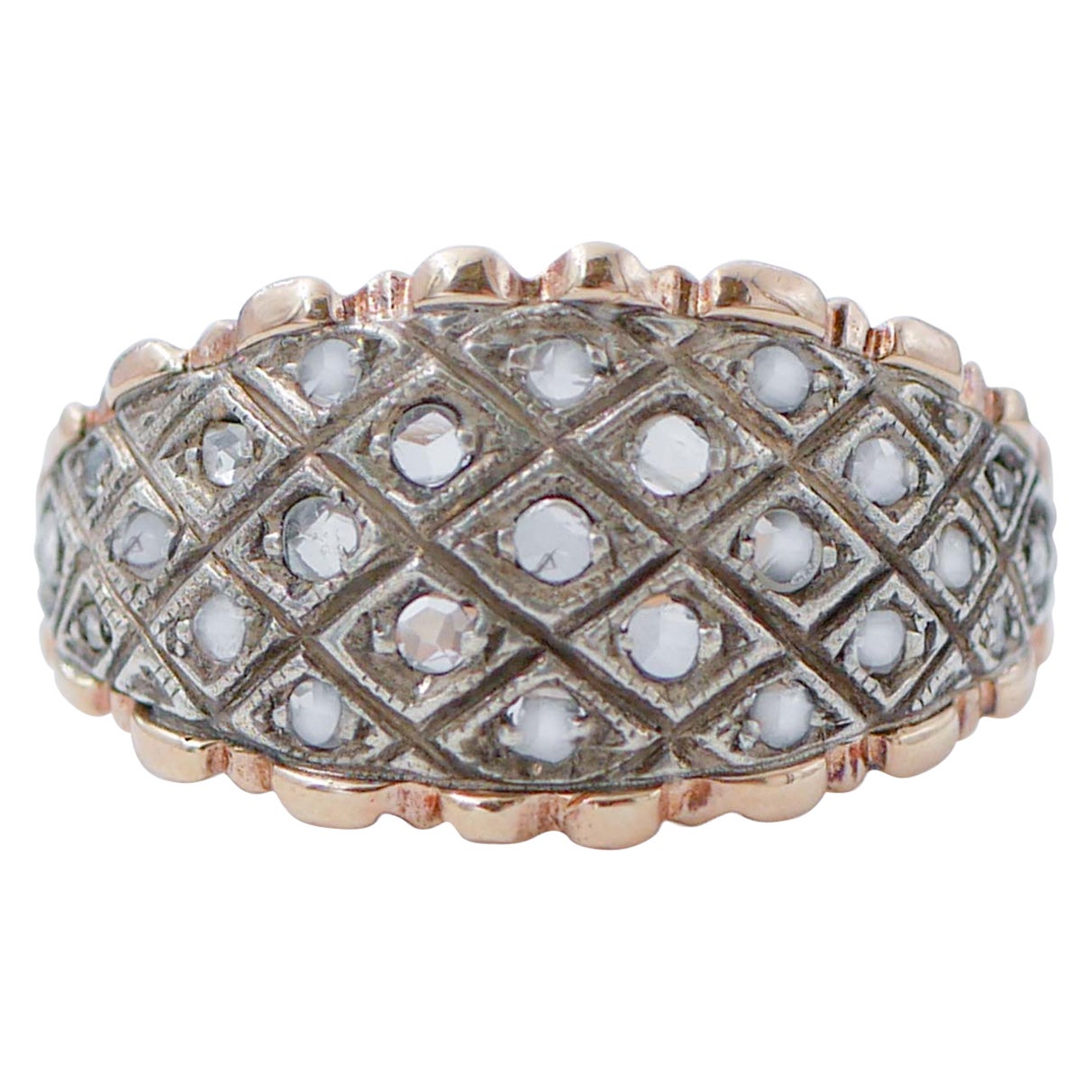 Diamonds, 12 Karat Rose Gold and Silver Ring For Sale