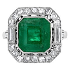 Platinring im Art-Dco-Stil mit 5,50 Karat GIA grnem Smaragd und Diamant