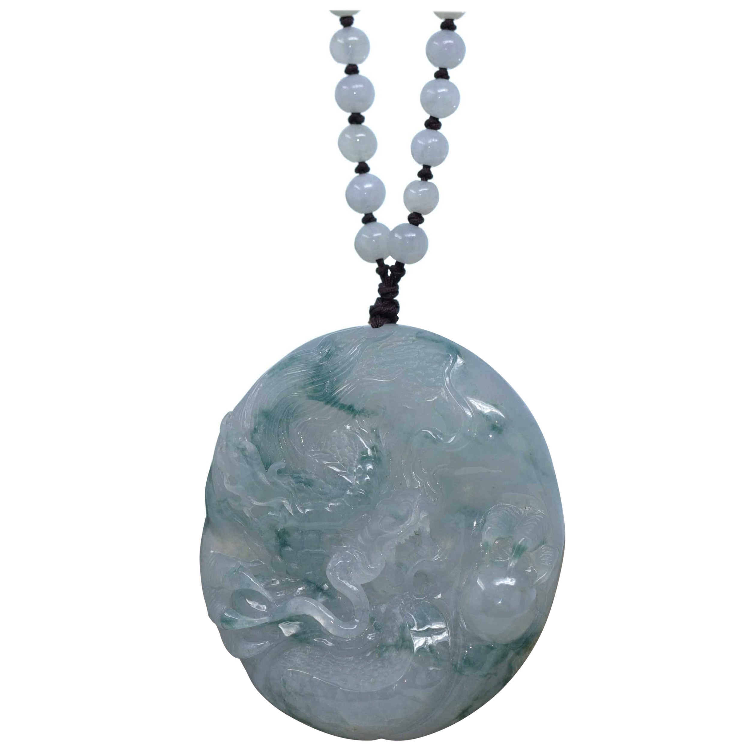 Blue-Green Untreated Burmese Jadeite Jade "Soaring Dragon" Necklace Pendant