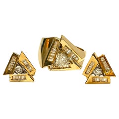 Art Deco 14k Trillion Diamond Baguette Ring & Matching Earrings w Appraisal