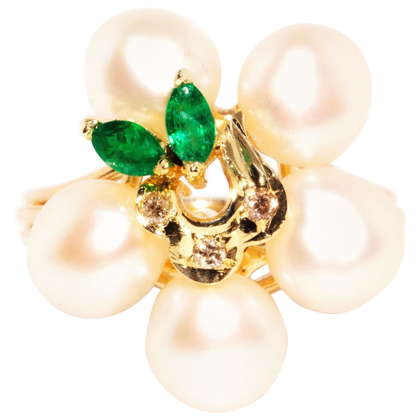 Contemporary 12 Carat Yellow Gold Pearl Emerald and Diamond Cluster Dress Ring