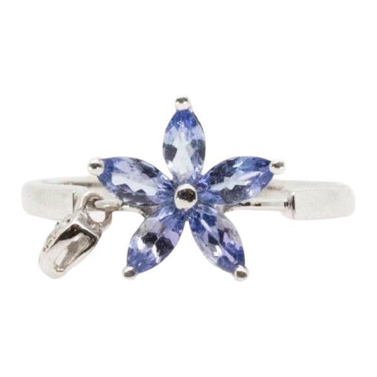 18K White Gold Flower Design Ring with 1.05 Ct Diamond and Tanzanite, NGI Cert For Sale
