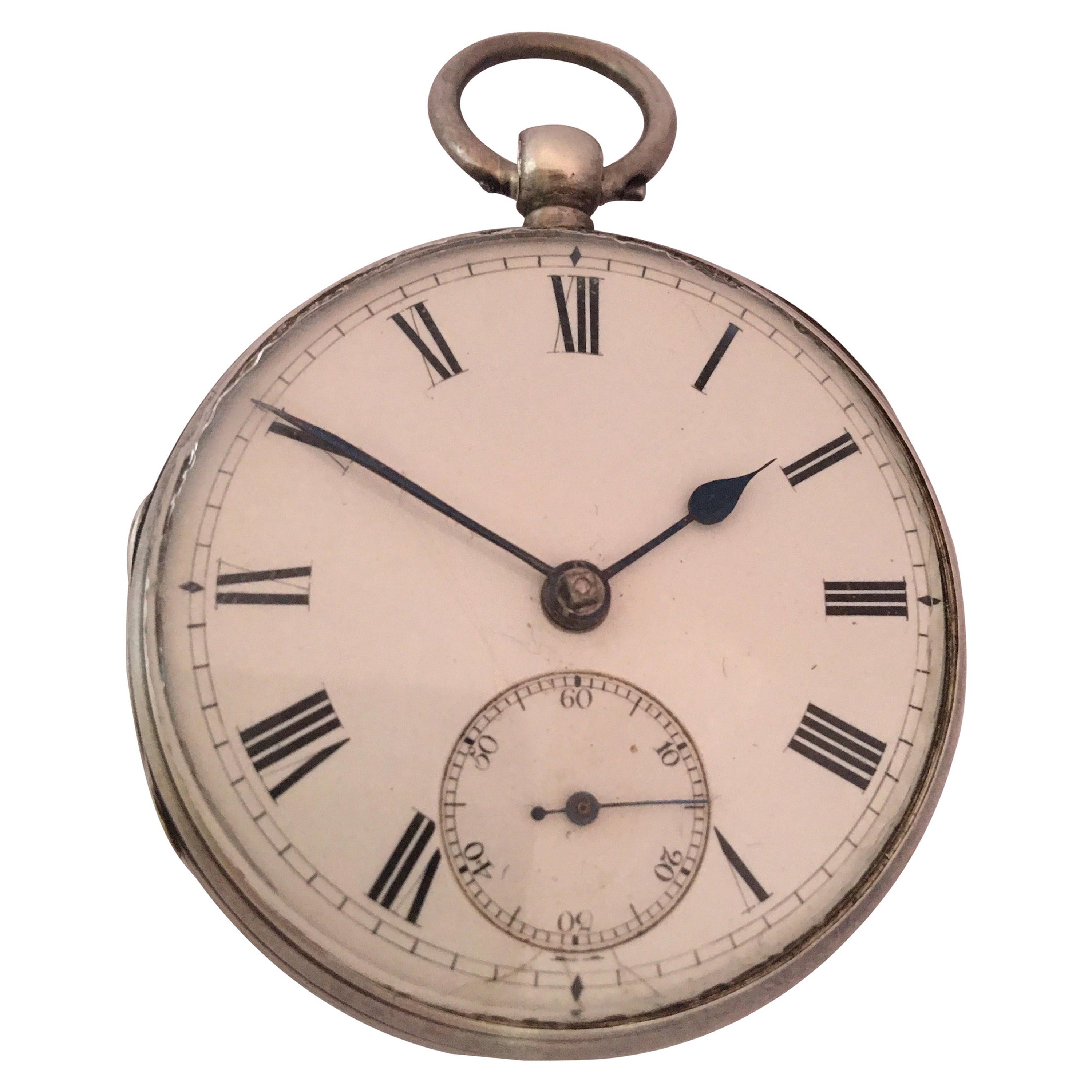Antique Silver Key Winding Pocket Watch For Sale