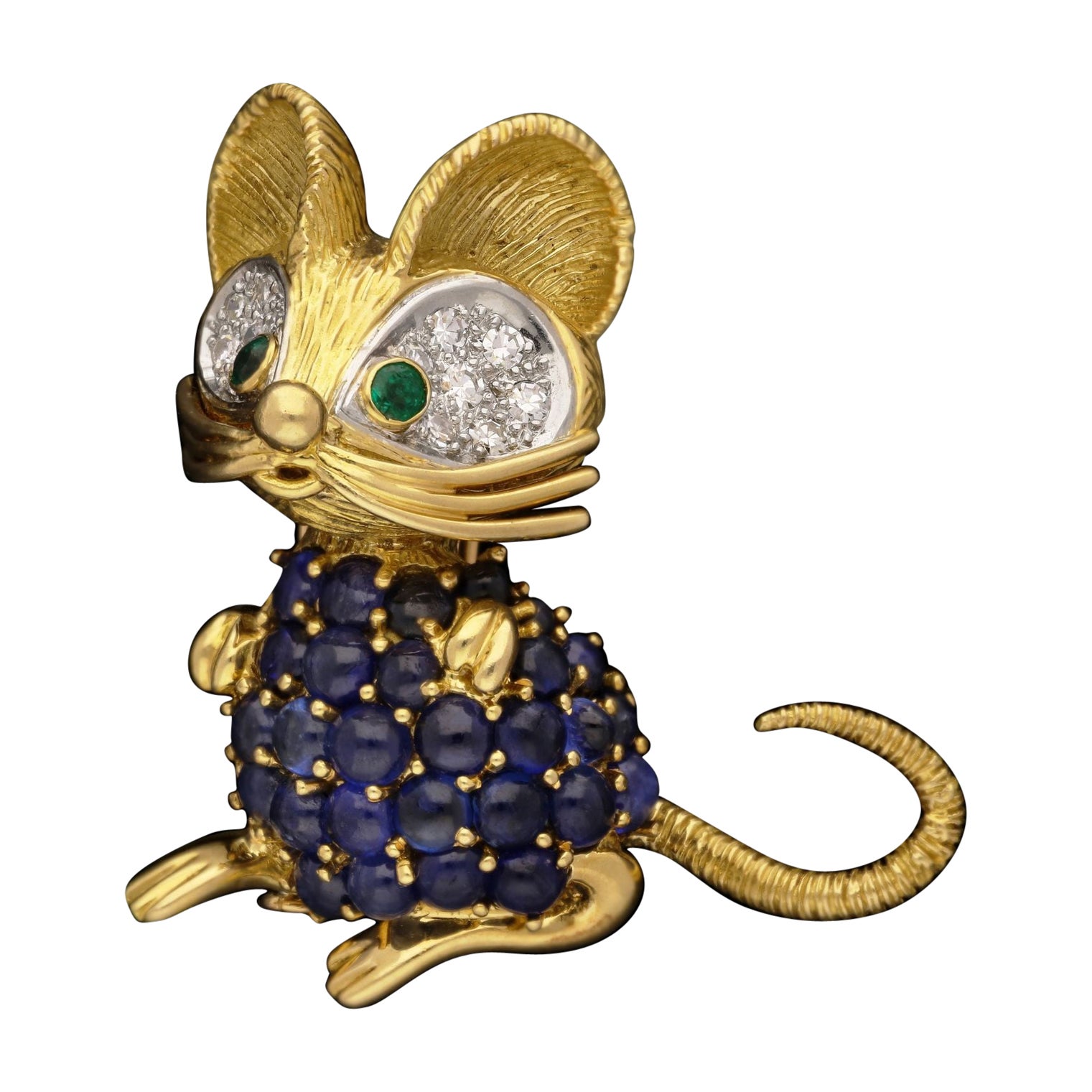 French Circa 1960s Sweet Sapphire Diamond and Gold Mouse Brooch